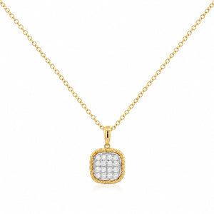 A gold chain necklace with a square pendant featuring a border of small clear stones and a central cluster of clear stones, shown on a plain white background.