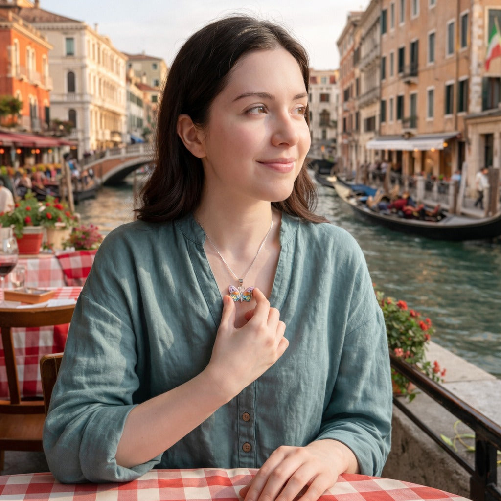 Woman sitting at a table by a canal with a cityscape in the background