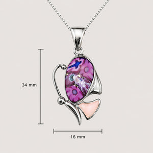 Butterfly-shaped pendant with pink and purple design on a white background