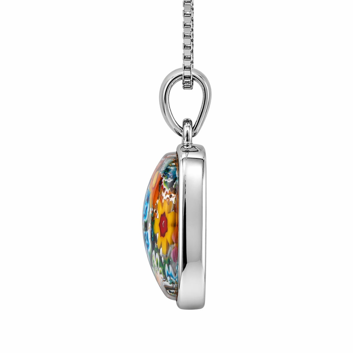 Silver pendant with a colorful floral design on a white background