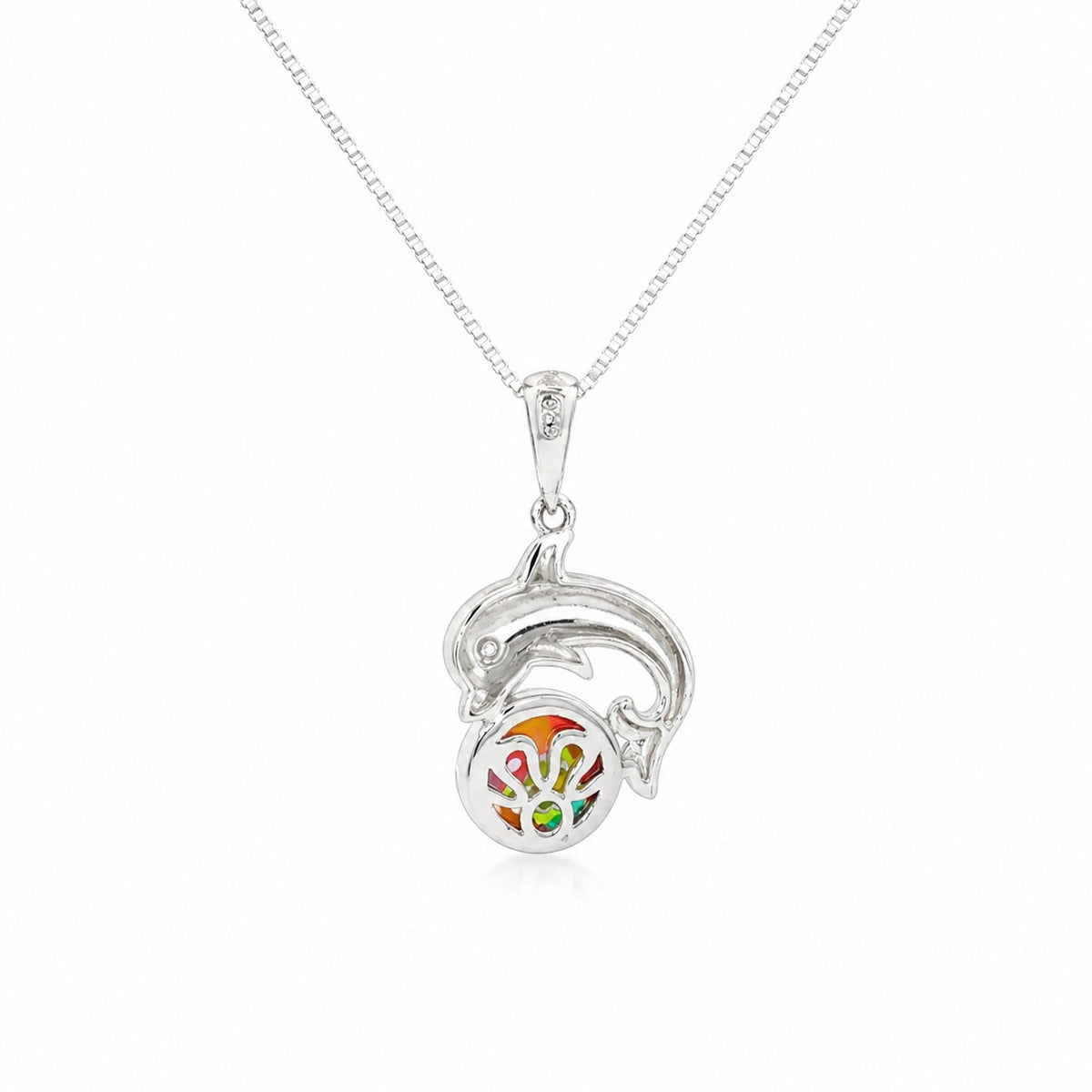 Silver pendant with colorful design on a white background