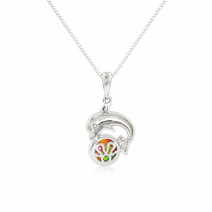Silver pendant with colorful design on a white background