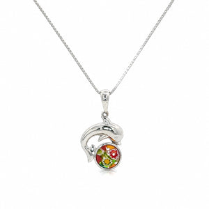 Silver pendant with a colorful circular design on a white background