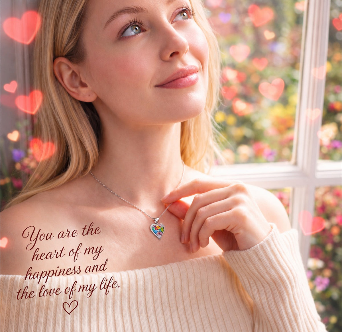 Woman wearing a necklace with a heart pendant, surrounded by heart-shaped lights.