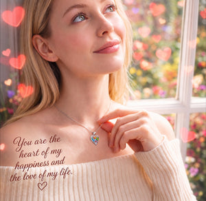 Woman wearing a necklace with a heart pendant, surrounded by heart-shaped lights.