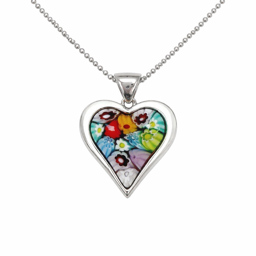 Heart-shaped colorful pendant on a silver chain against a white background