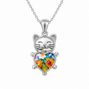 Silver cat-shaped pendant with a colorful heart design on a white background