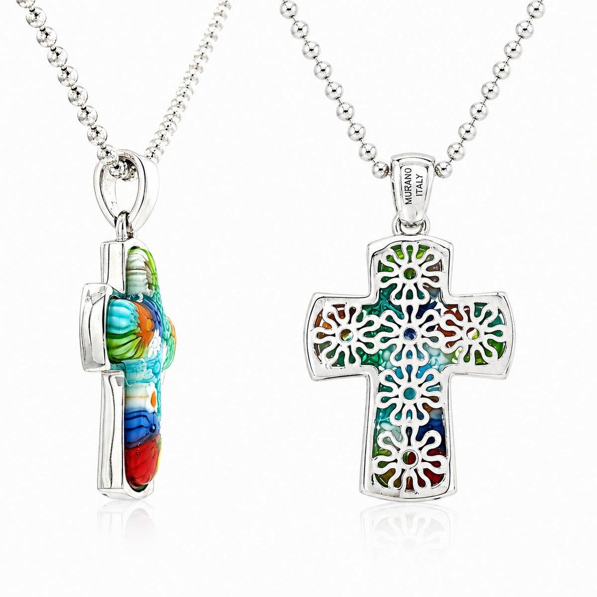 Two colorful cross-shaped pendants on silver chains with 'Murano Italy' inscription.
