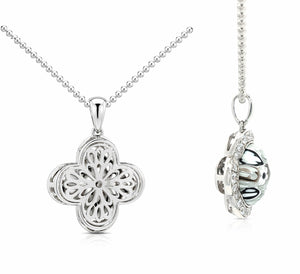 Silver floral pendant necklace on a white background
