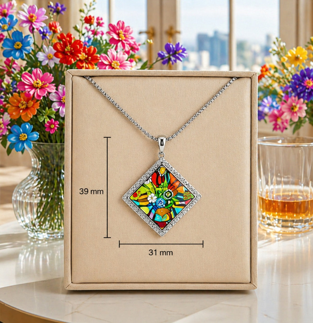 Necklace with a colorful pendant on a beige box, surrounded by flowers and a glass of whiskey.