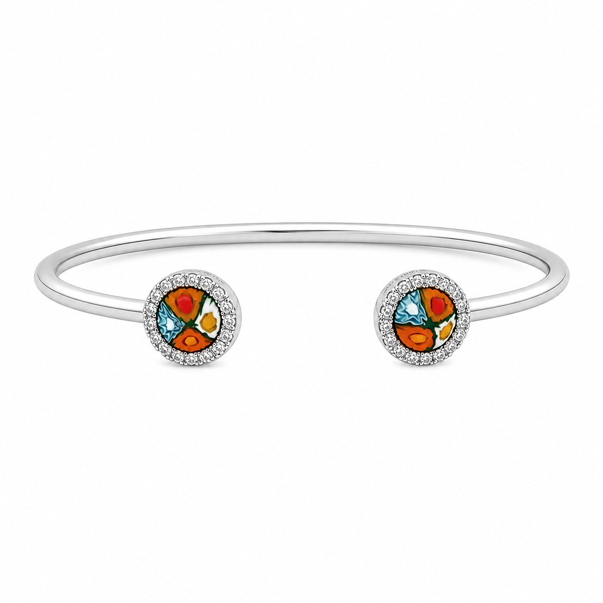Open silver bangle bracelet with two round multicolor ends and crystal halo detail