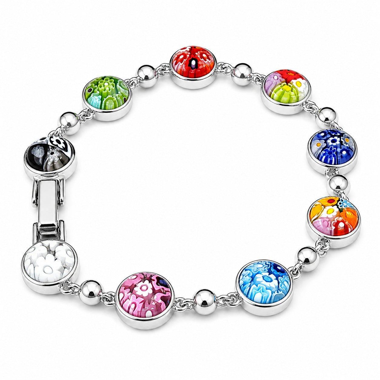 Silver bracelet with multicolor Murano-style glass round charms