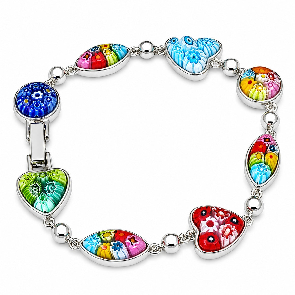 Silver bracelet with multicolor heart and oval Murano-style glass charms