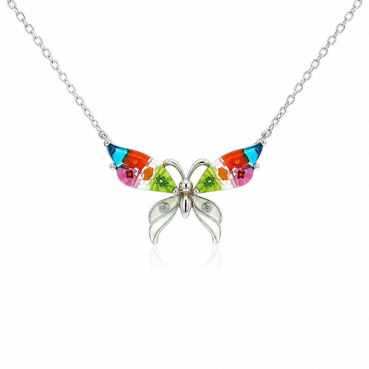 Colorful butterfly-shaped pendant on a chain against a white background