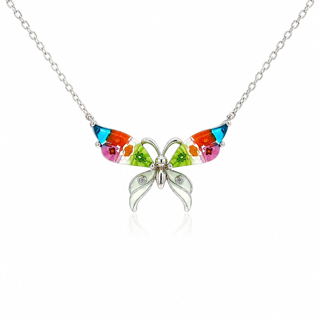 Colorful butterfly-shaped pendant on a chain against a white background