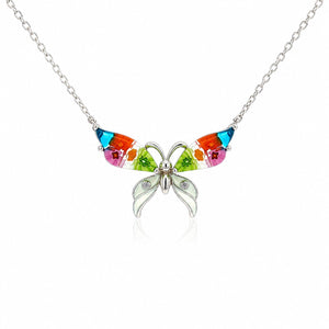 Colorful butterfly-shaped pendant on a chain against a white background