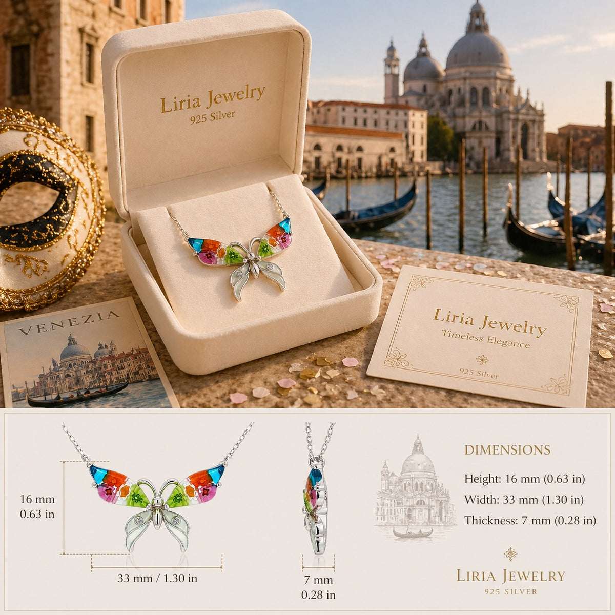Liria Jewelry butterfly necklace in a box with Venice background