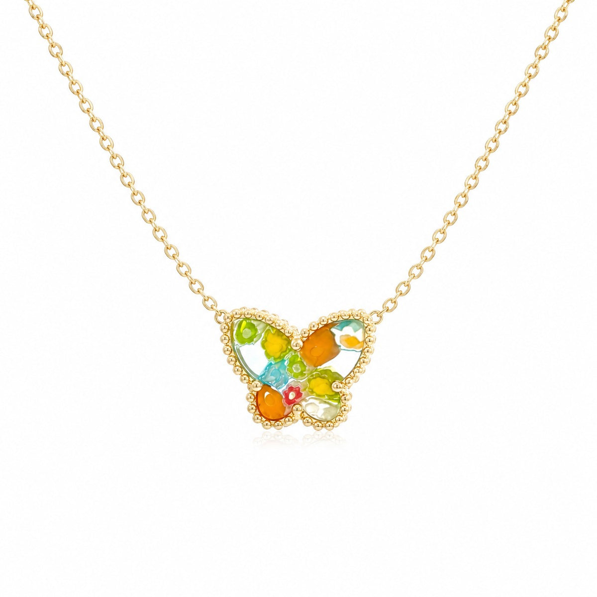Butterfly-shaped necklace with colorful stones on a white background