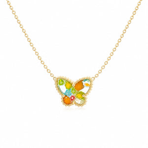 Butterfly-shaped necklace with colorful stones on a white background