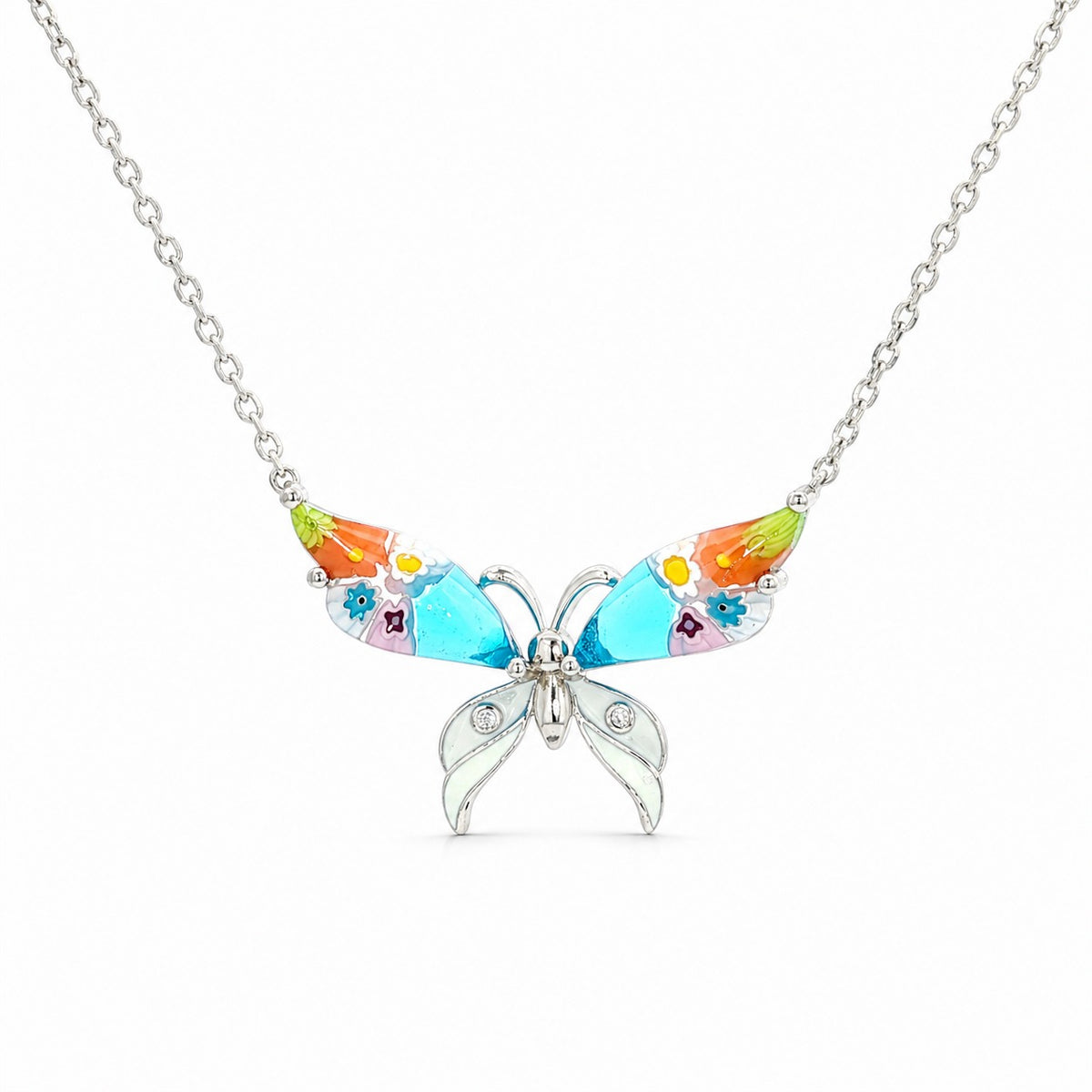 Butterfly-shaped necklace with colorful wings on a white background