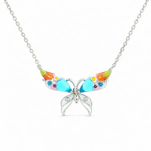 Butterfly-shaped necklace with colorful wings on a white background