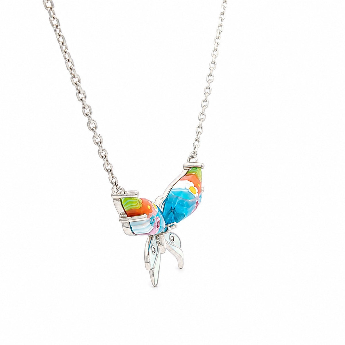 Colorful butterfly-shaped pendant on a silver chain against a white background