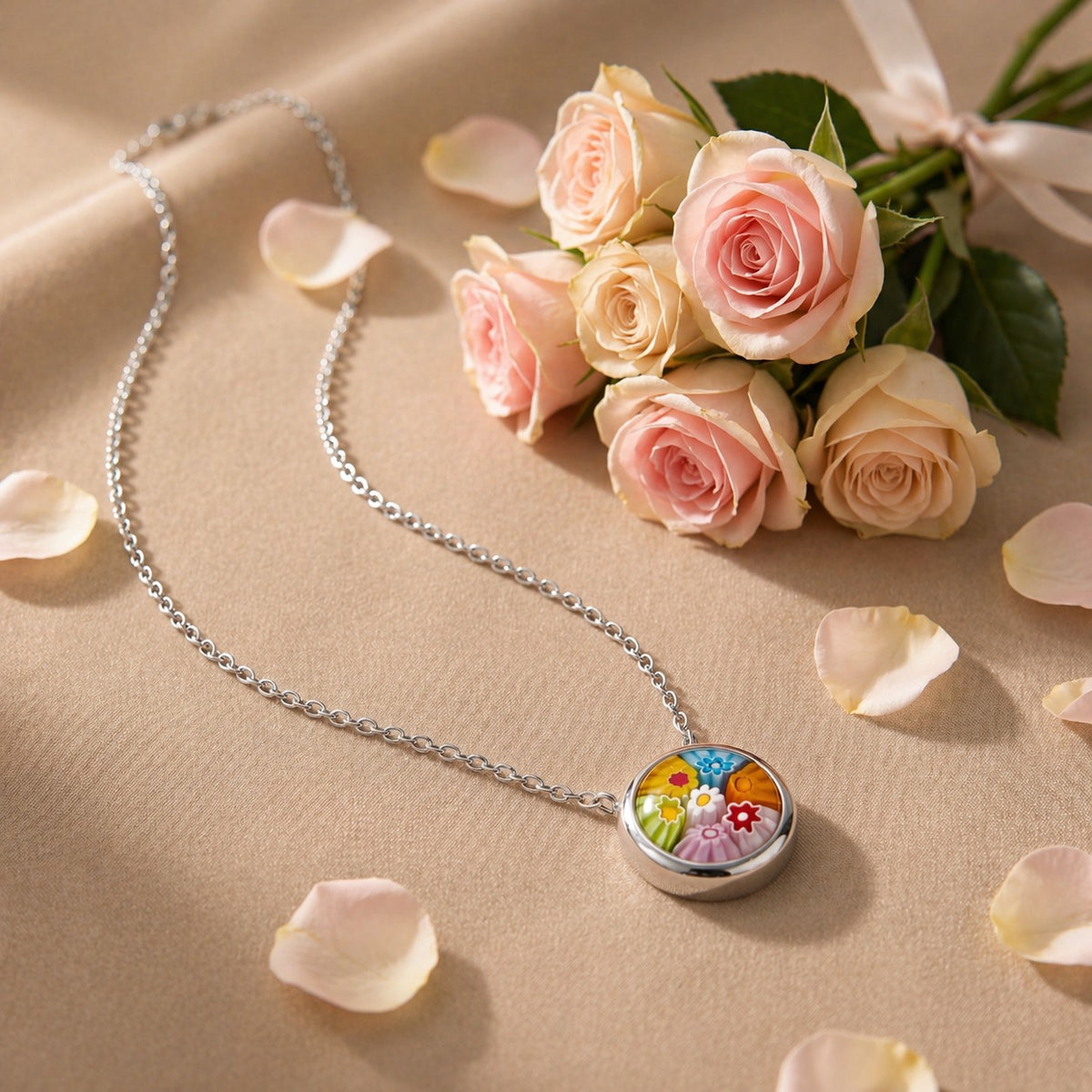 Necklace with floral pendant next to pink roses on a beige surface