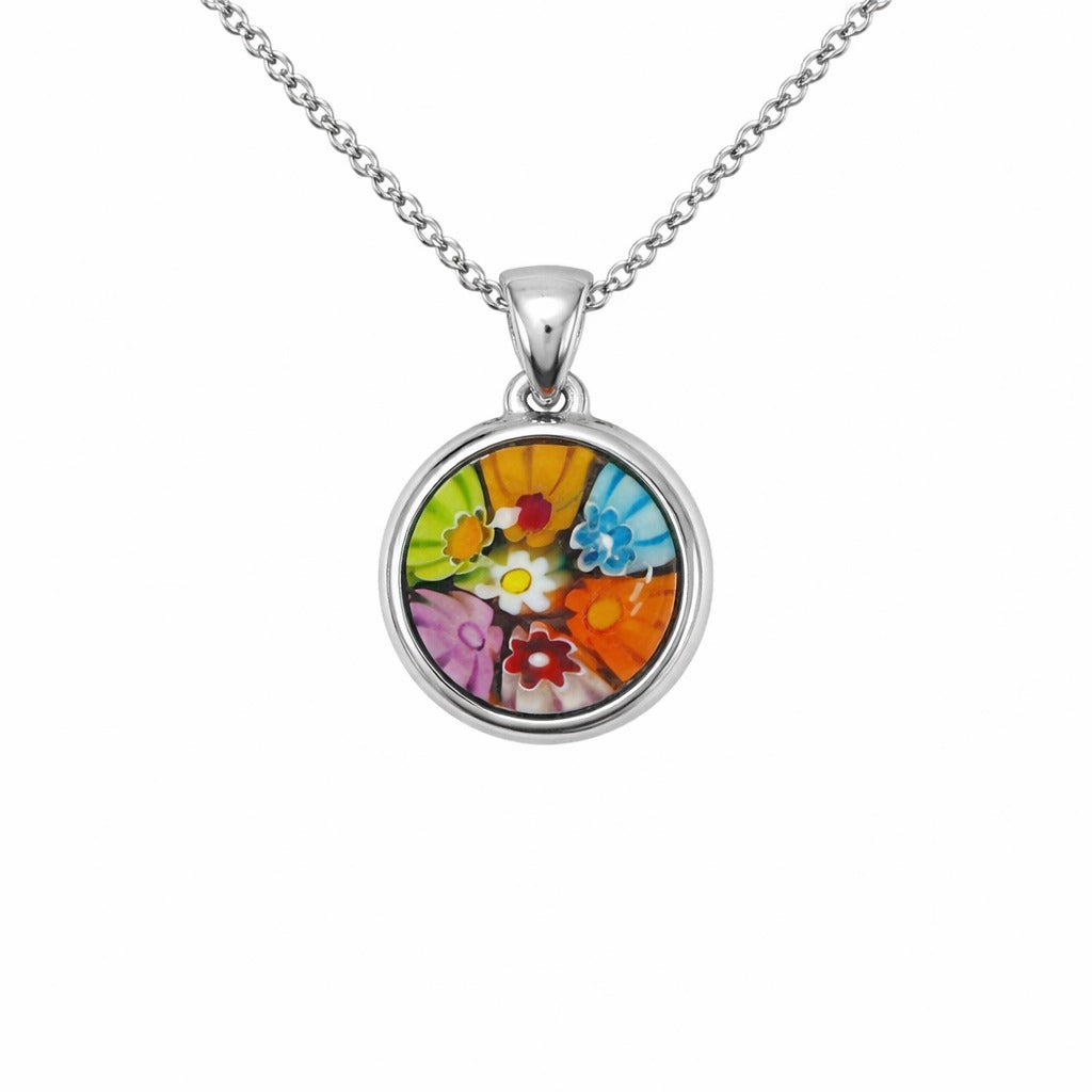 Round Millefiori Glass Pendant Necklace – Colorful Floral Mosaic Design
