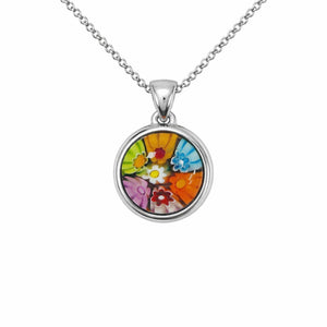 Round Millefiori Glass Pendant Necklace – Colorful Floral Mosaic Design
