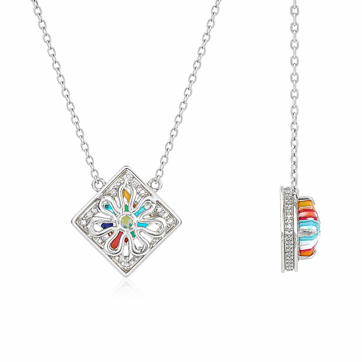 Colorful flower-shaped pendant on a silver chain against a white background