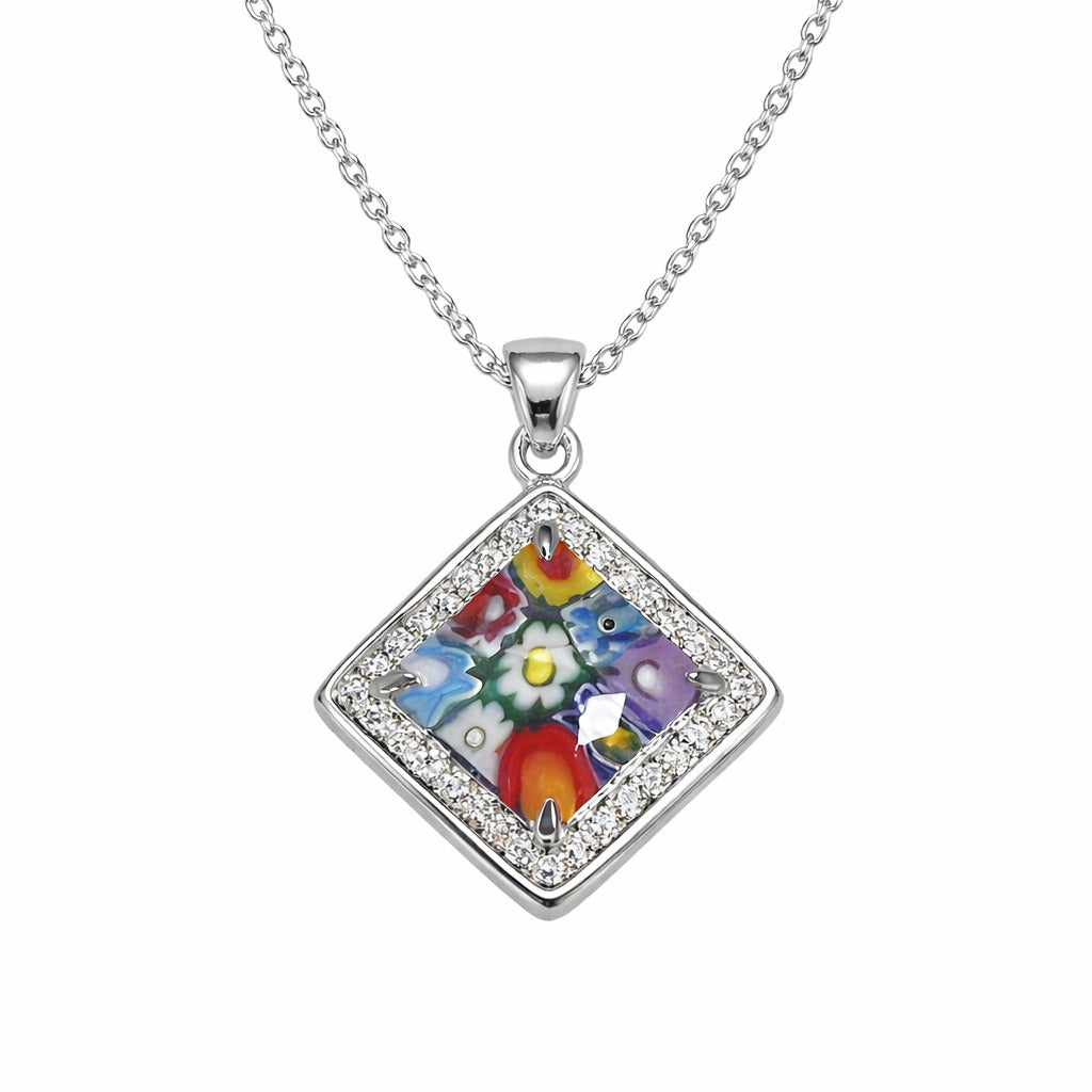Colorful square pendant necklace on a white background