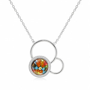 Necklace with a colorful pendant and two interlocking rings on a white background