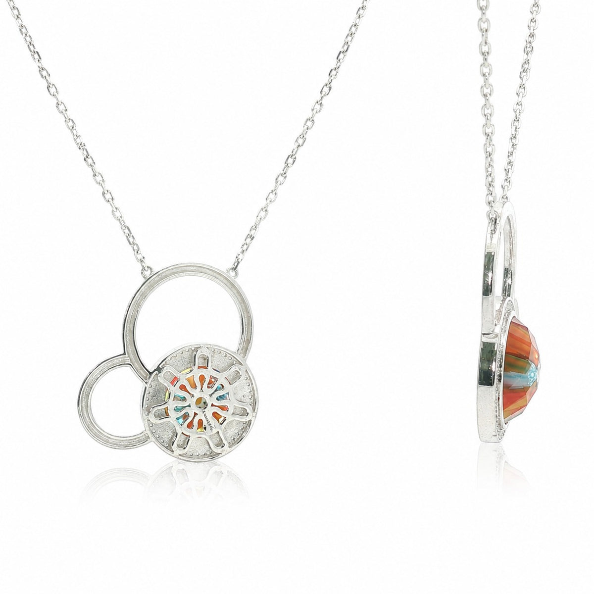 Silver necklace with a multicolored pendant on a white background