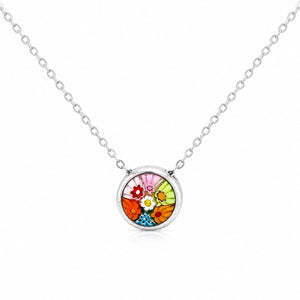 Necklace with a colorful floral pendant on a white background