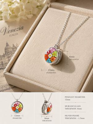 Necklace with floral pendant on a display box, showing dimensions and material details.