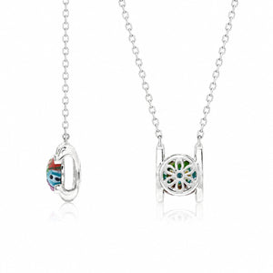 Silver necklace with colorful pendant on a white background