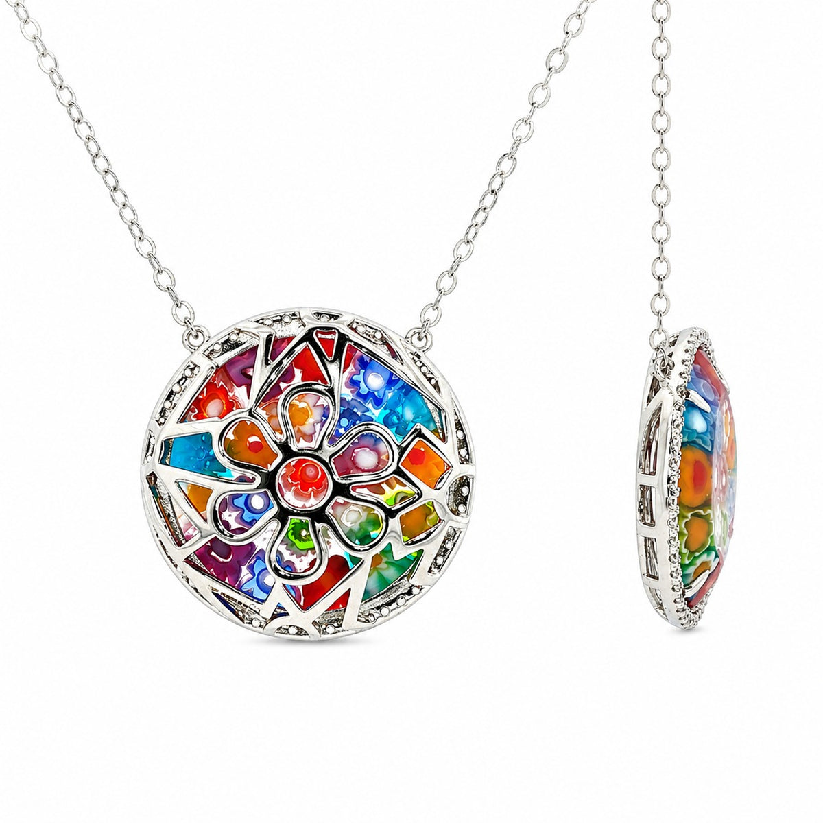 Colorful floral pendant on a silver chain against a white background
