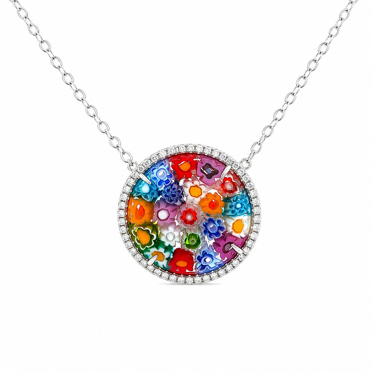 Colorful circular pendant necklace on a white background