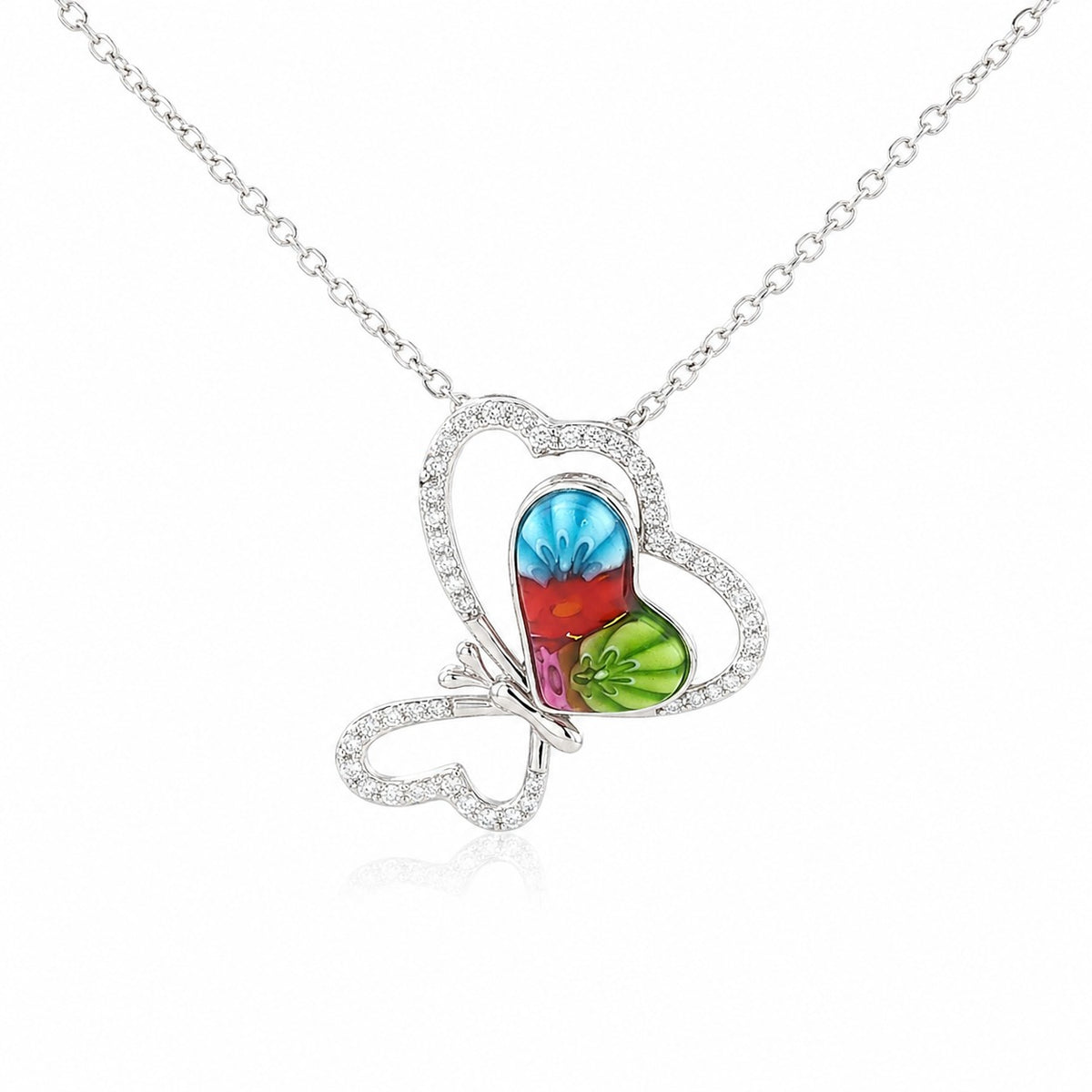 Colorful butterfly pendant on a silver chain against a white background