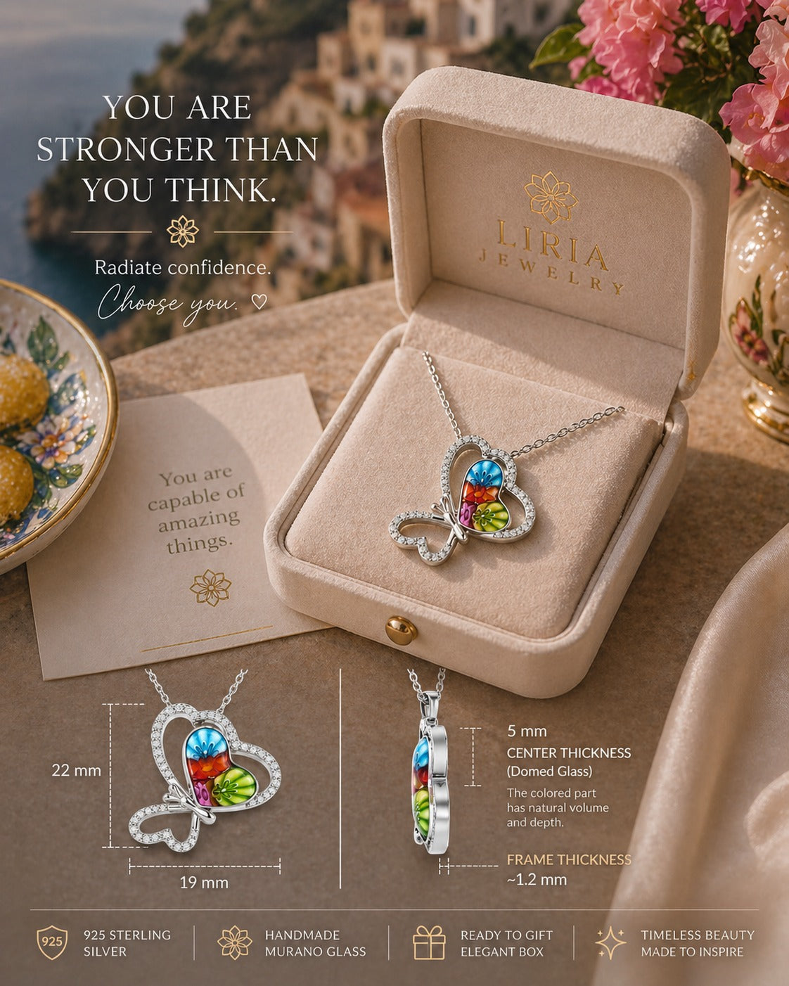 Liria Jewelry box with a colorful heart-shaped necklace, surrounded by scenic background.