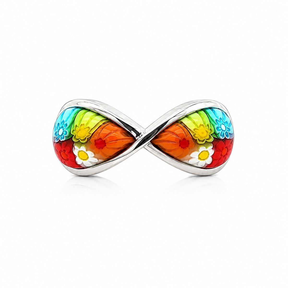 Elegant silver infinity-shaped ring featuring multicolor floral glass with vibrant Murano-inspired patterns