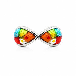 Elegant silver infinity-shaped ring featuring multicolor floral glass with vibrant Murano-inspired patterns