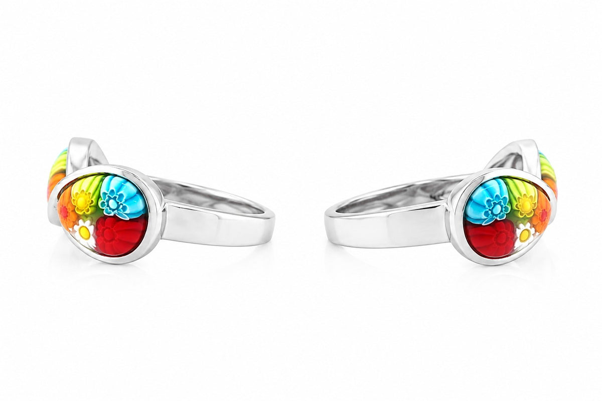 Elegant silver infinity-shaped ring featuring multicolor floral glass with vibrant Murano-inspired patterns