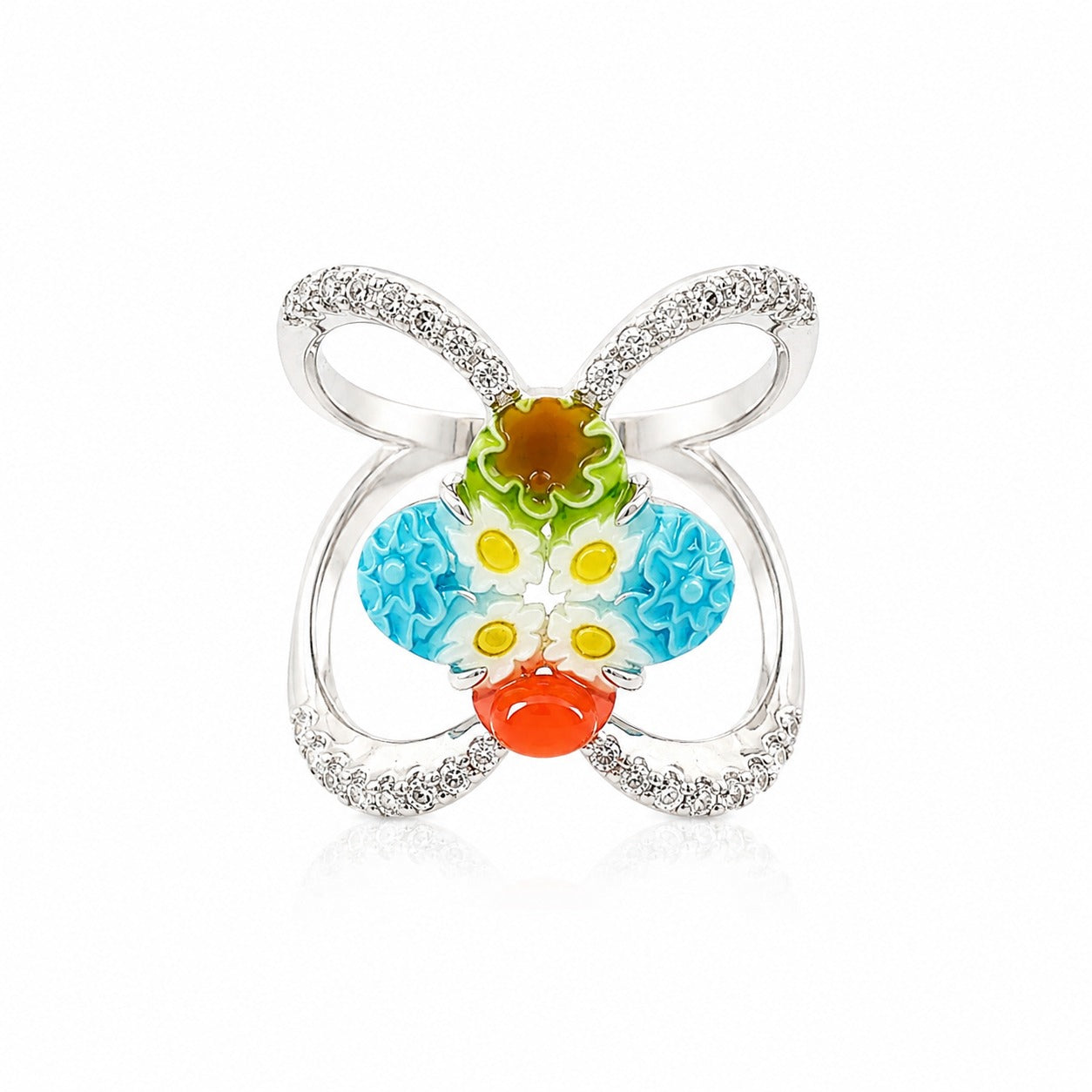 Silver butterfly ring with colorful floral glass centerpiece and crystal details