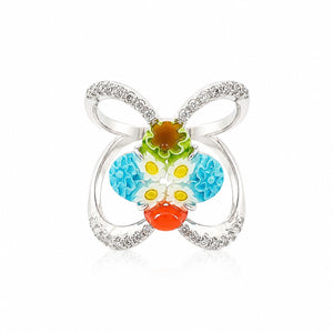 Silver butterfly ring with colorful floral glass centerpiece and crystal details