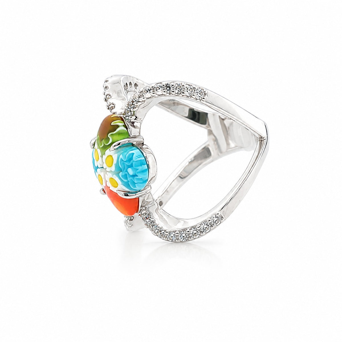 Silver butterfly ring with colorful floral glass centerpiece and crystal details