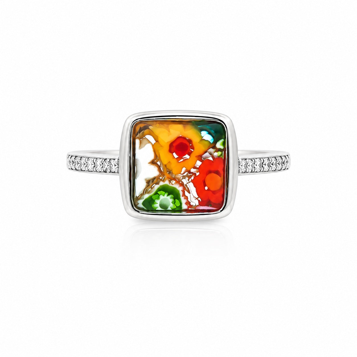Square floral glass ring with crystal band detail