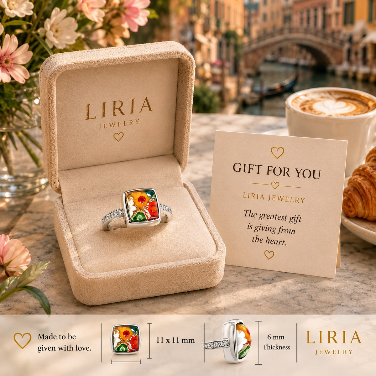 Square floral glass ring with crystal band detail