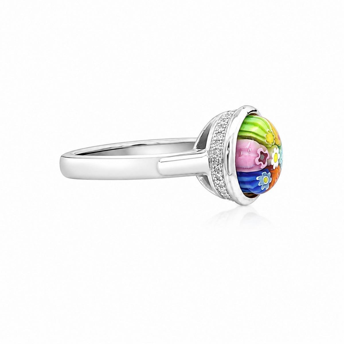 Silver round ring with multicolor floral Murano-style glass centerpiece