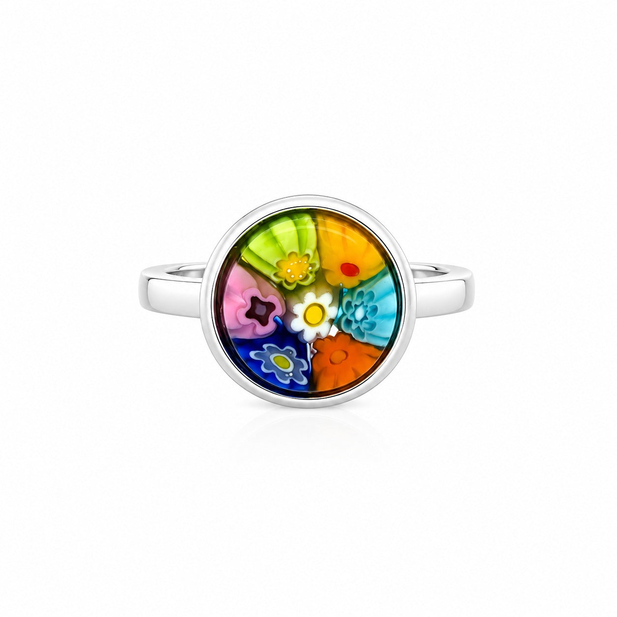 Silver round ring with multicolor floral Murano-style glass centerpiece
